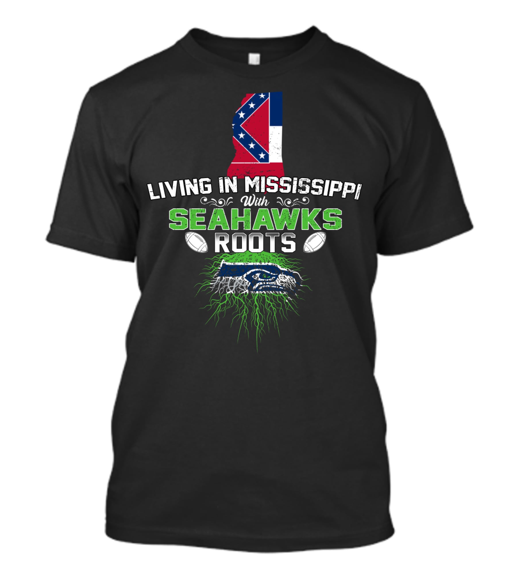 Living In Mississippi Proudly Showing Seahawks Roots With State Flag And Iconic T-Shirt