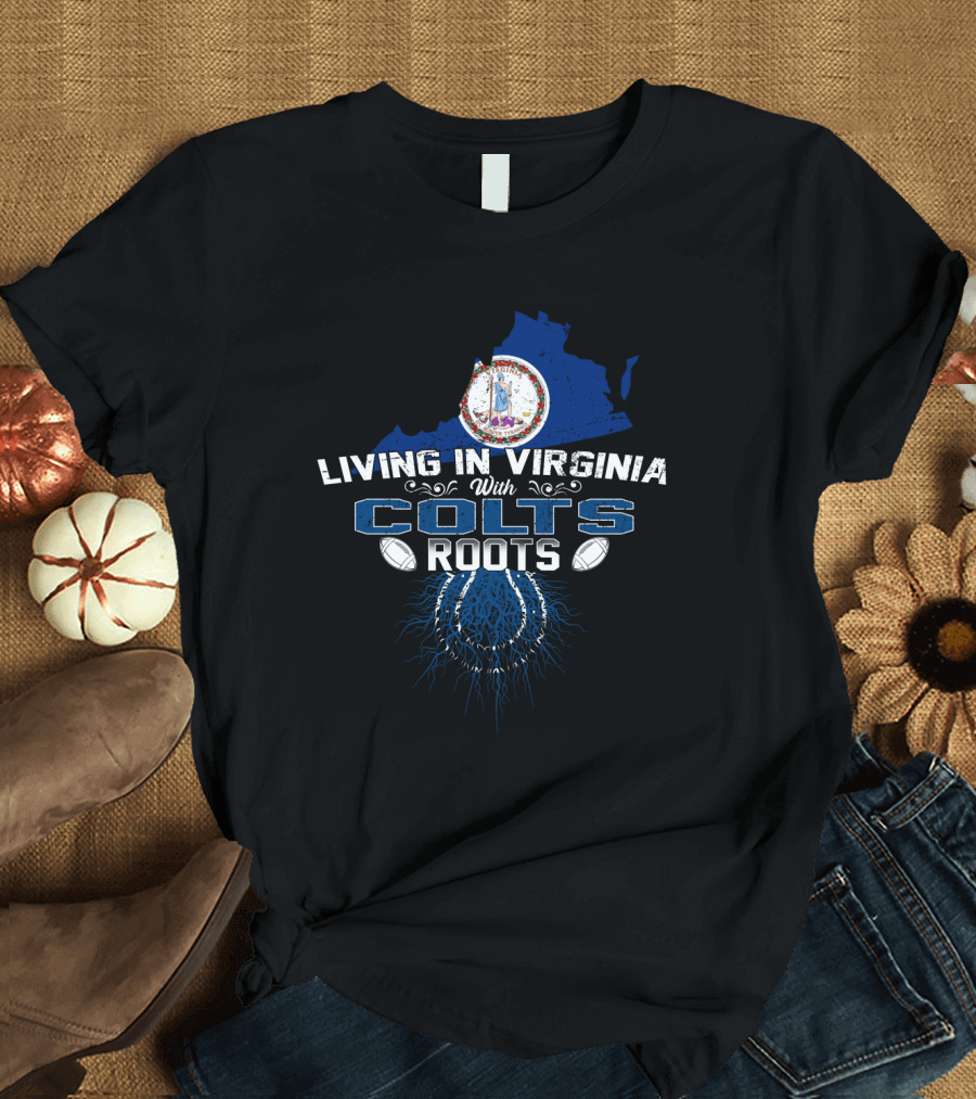 Living in Virginia with Colts Roots Virginia Map Seal and Blue Horse Shoe T-Shirt