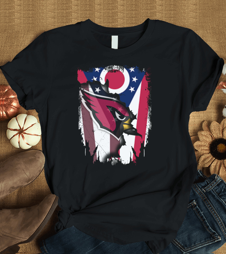 Ohio Flag with Cardinal Bird Logo Together T-Shirt