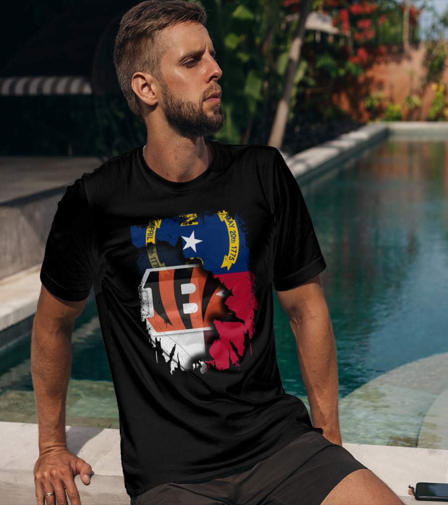 North Carolina State Flag Blended With Bengals Team T-Shirt