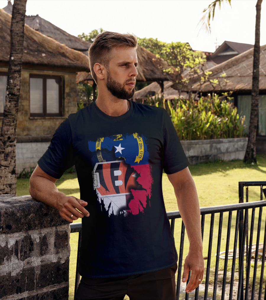 North Carolina State Flag Blended With Bengals Team T-Shirt