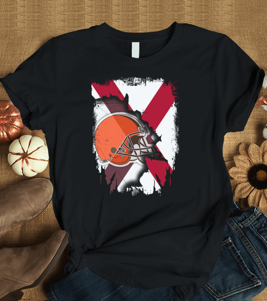 Alabama Browns Helmet Crossover on Distressed Crimson and White Background T-Shirt