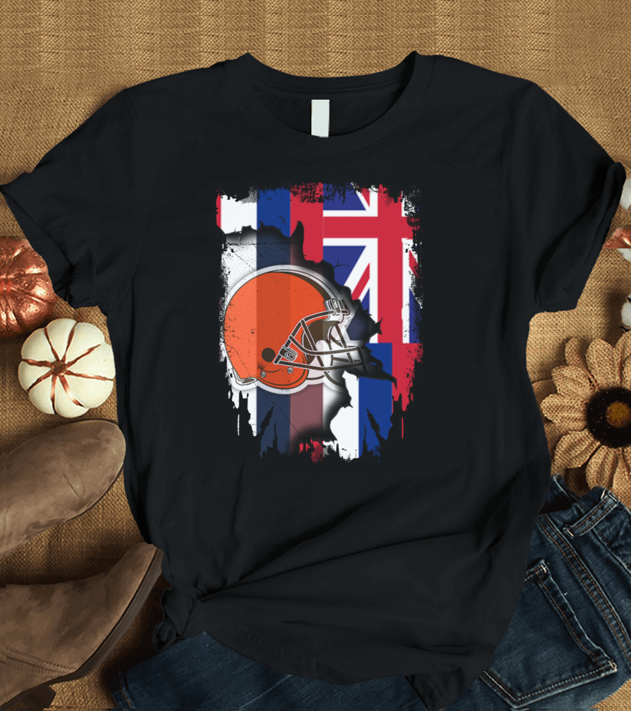 Hawaii Collaboration With Cleveland Browns Helmet And Flag T-Shirt