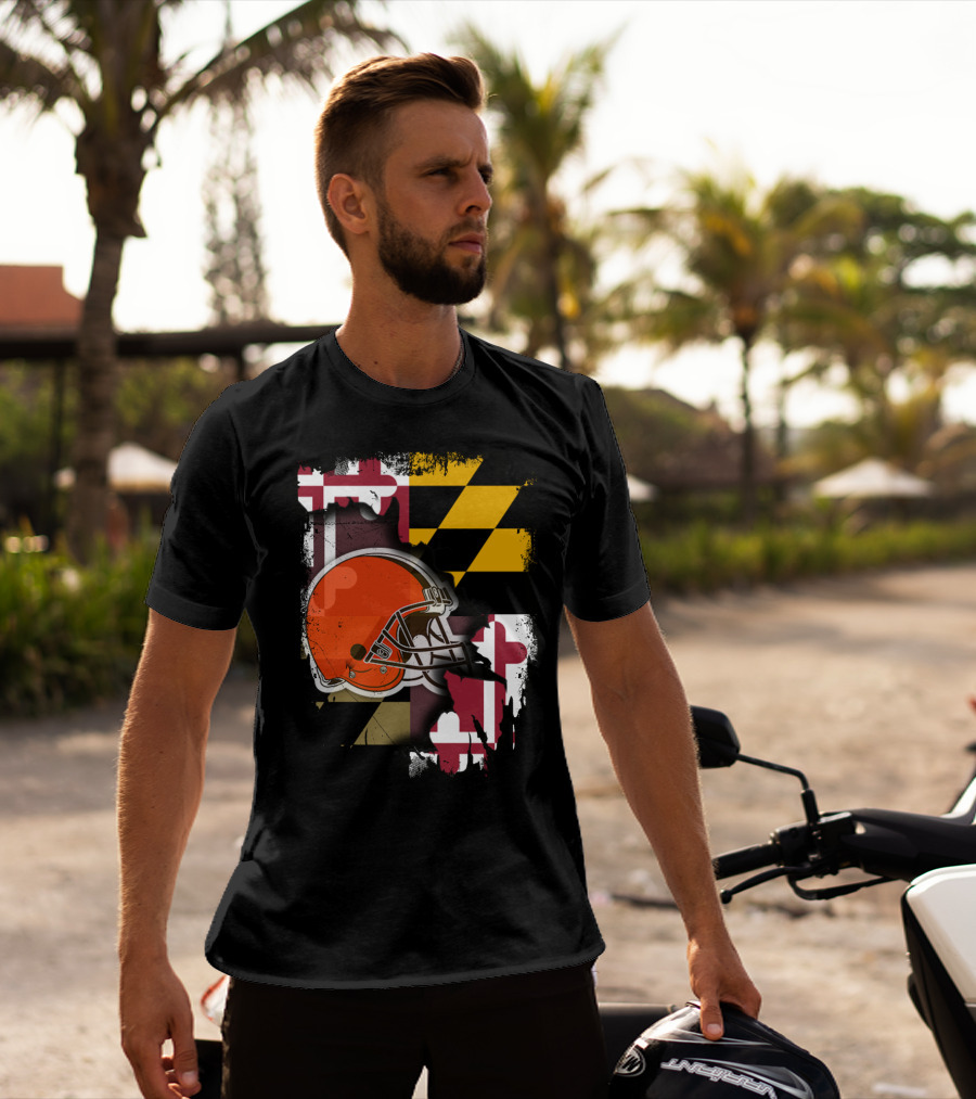 Maryland Flag With Cleveland Browns Helmet T-Shirt