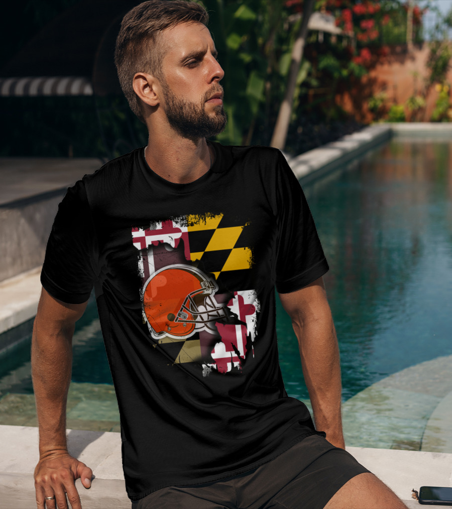 Maryland Flag With Cleveland Browns Helmet T-Shirt