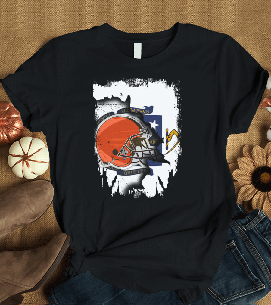 Massachusetts Unites with Cleveland Browns Helmet and State Flag T-Shirt