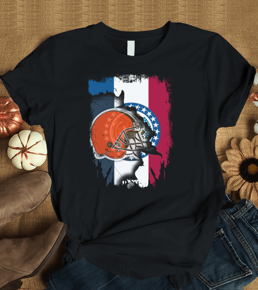 Cleveland Browns Helmet Over Missouri Flag Background T-Shirt