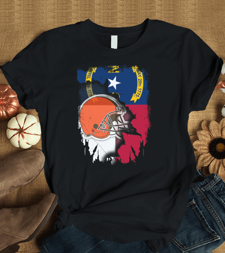 North Carolina State Flag Blended with Cleveland Browns Helmet T-Shirt