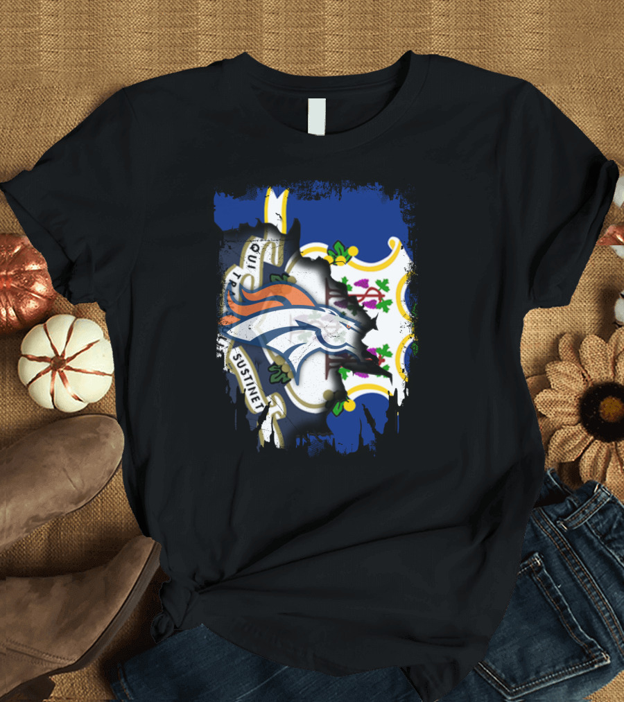 Connecticut and Broncos Logo Fusion with State Motto Motif T-Shirt