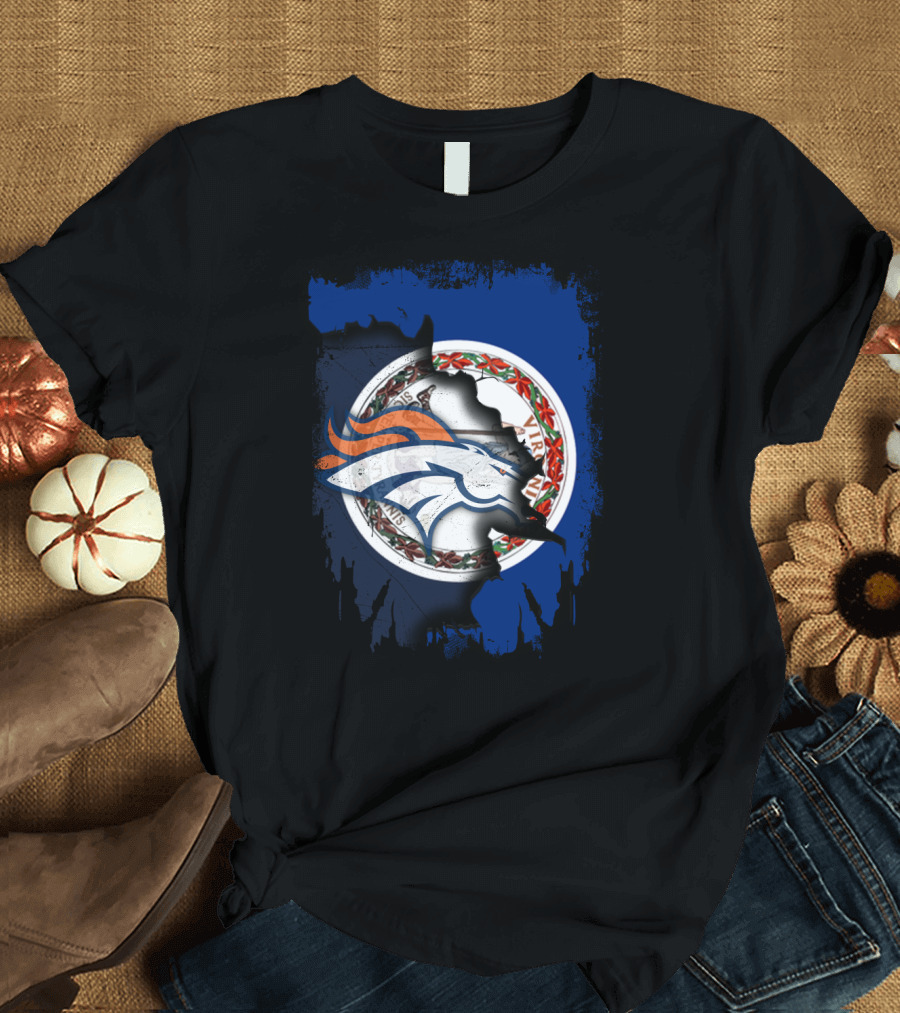 Together Virginia With Broncos Logo over State Flag T-Shirt