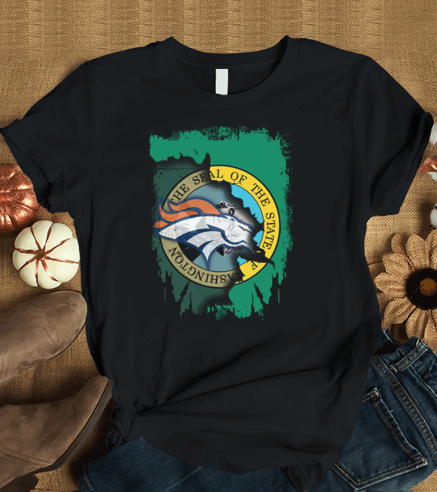 The Seal of the State of Washington with Broncos Logo Fusion T-Shirt