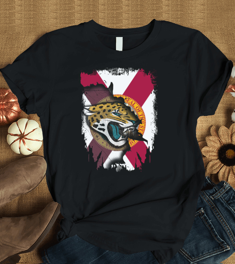 Florida State Flag with Jaguars Roaring Emblem Together T-Shirt