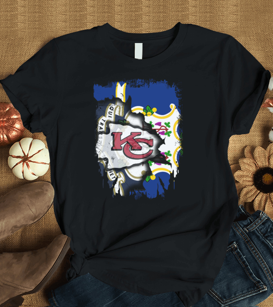 Connecticut State Flag with Kansas City Chiefs Logo Fusion T-Shirt