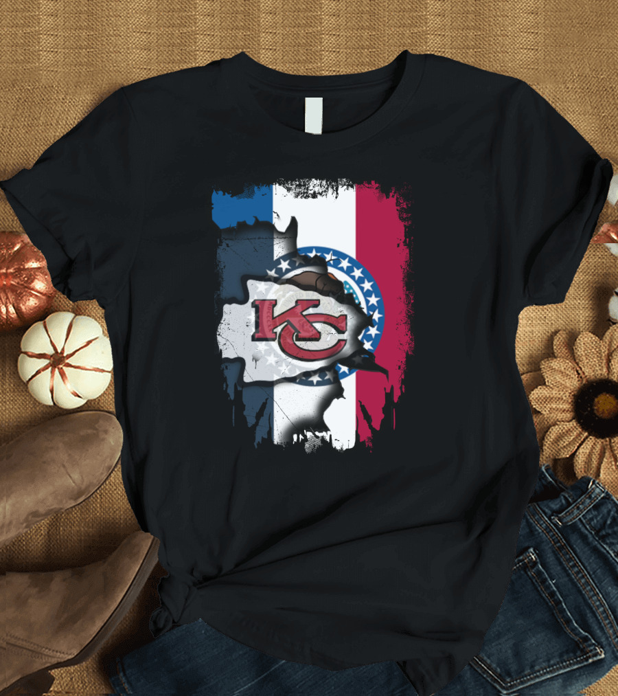 KC Chiefs Logo on Torn Missouri Flag Design Together T-Shirt