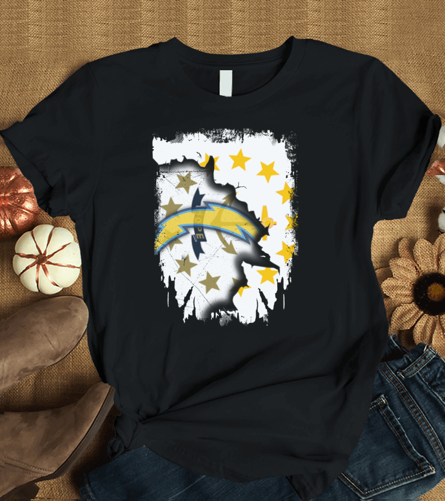 Rhode Island Map with Chargers Logo and Stars T-Shirt