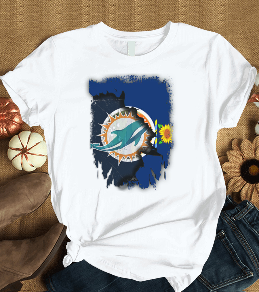 Kansas Flag with Miami Dolphins Logo and Sunflower T-Shirt