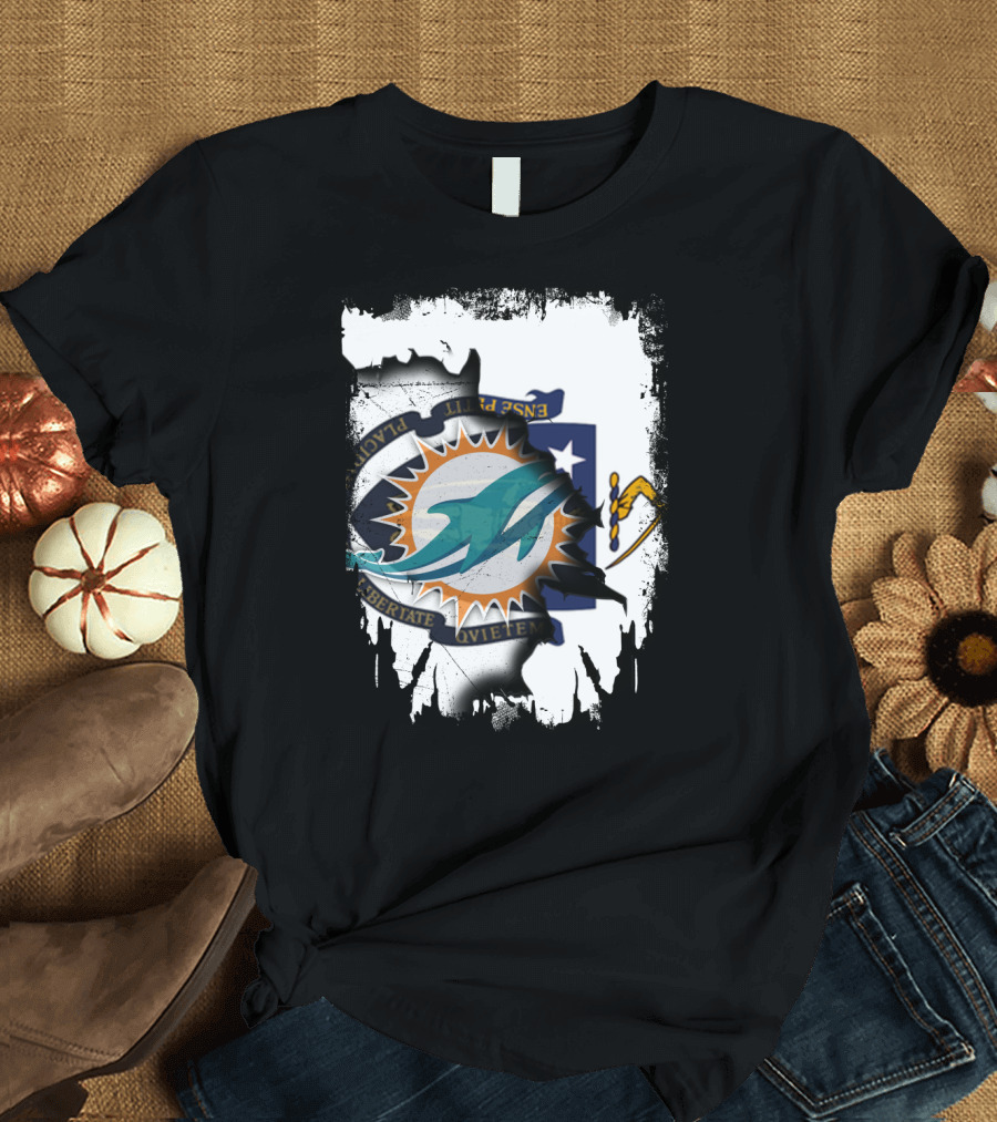 Massachusetts State Crest with Miami Dolphins Logo Integration T-Shirt