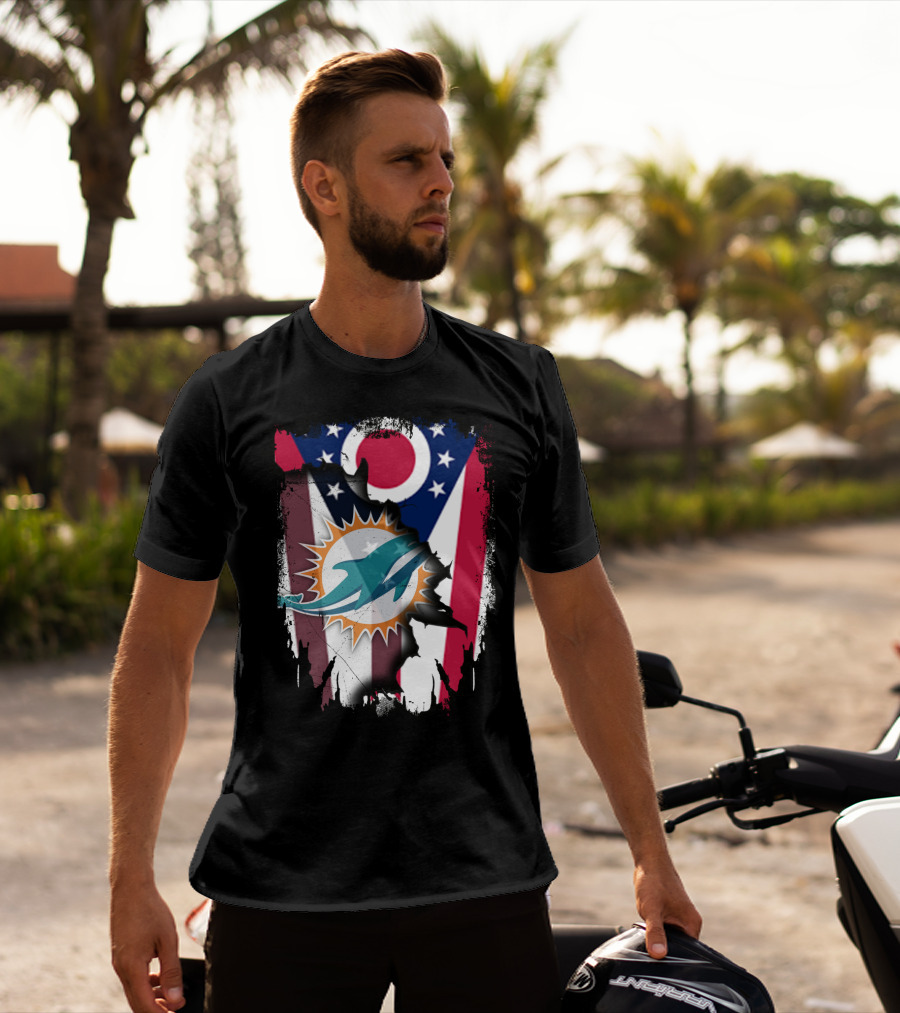 Ohio Flag Torn To Reveal Dolphins Logo Fusion T-Shirt