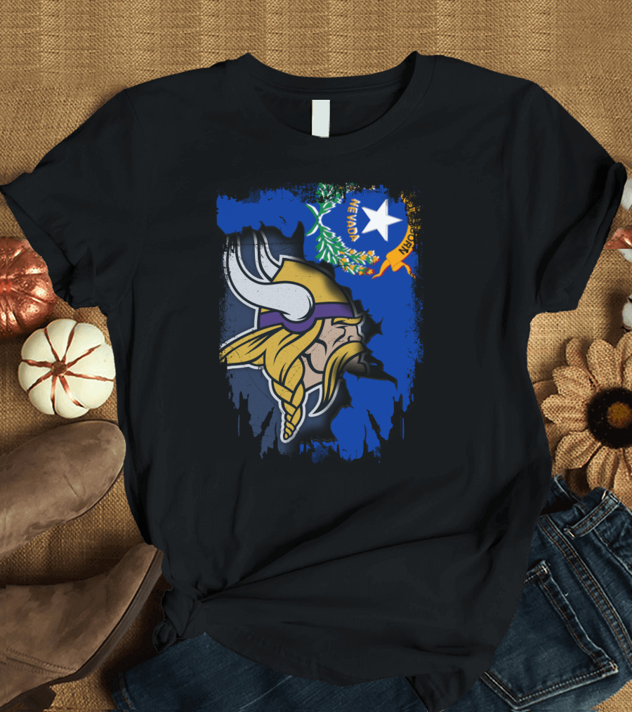 Nevada State Flag Meets Vikings Helmet Emblem T-Shirt