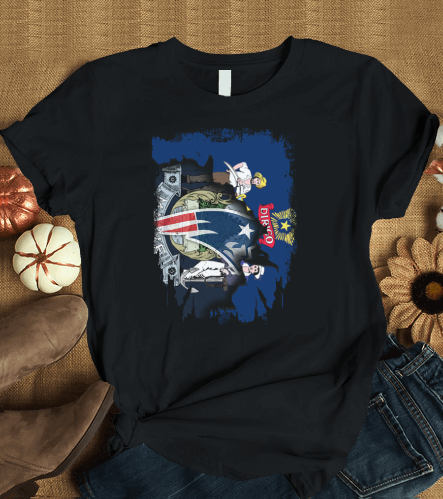 Maine State and Patriots United Together with Dirigo Motto T-Shirt
