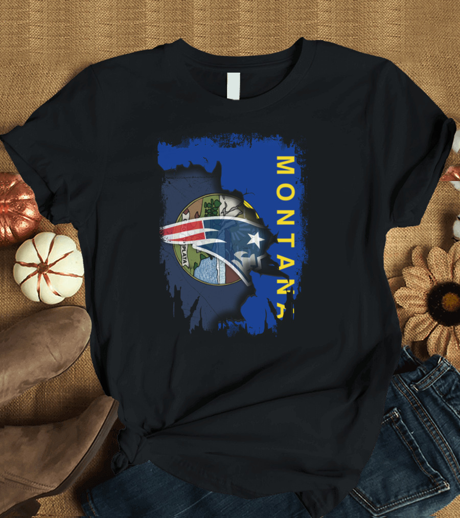 Montana State Flag with New England Patriots Logo Overlay T-Shirt