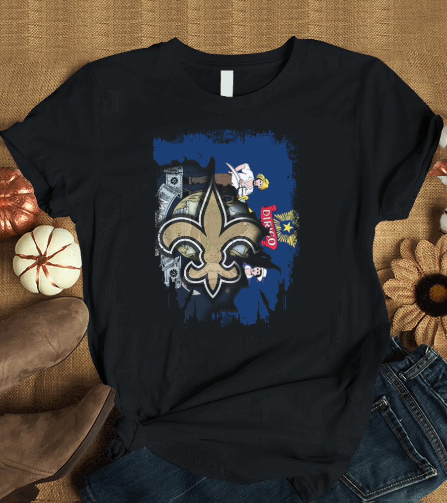 Maine State Flag with New Orleans Saints Fleur-de-lis Overlay T-Shirt