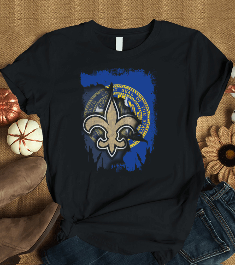 Nebraska State Seal with Saints Fleur-de-Lis Emblem T-Shirt