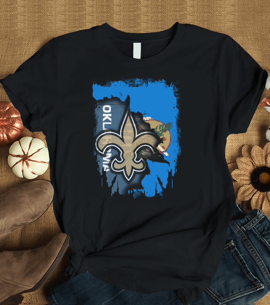 Oklahoma State Flag with New Orleans Saints Fleur-de-Lis T-Shirt