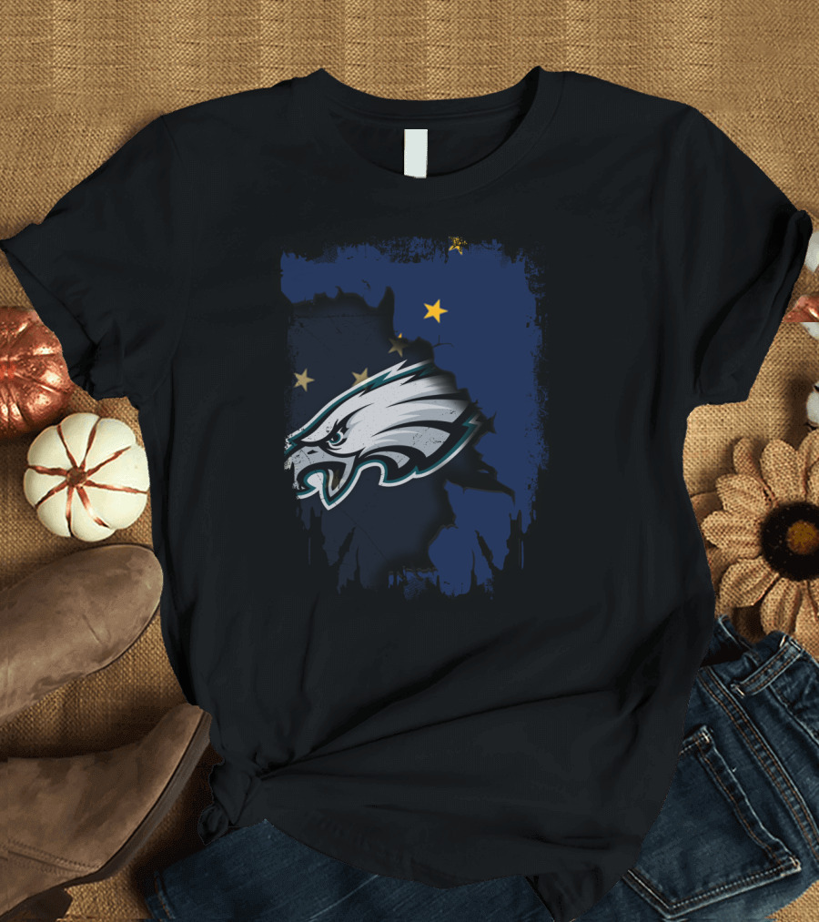Alaska State Outline with Philadelphia Eagles Logo and Stars T-Shirt