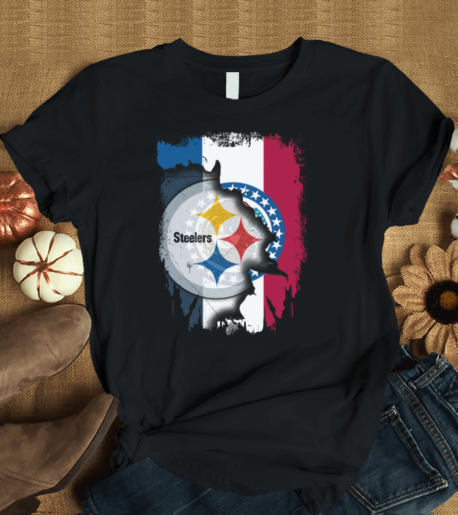 Steelers Emblem on Missouri Flag Background T-Shirt