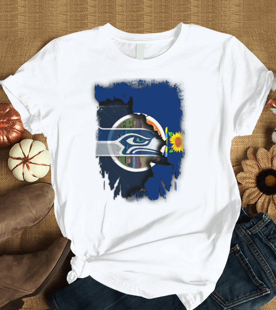 Kansas With Seahawks Heart and Sunflower Emblem T-Shirt