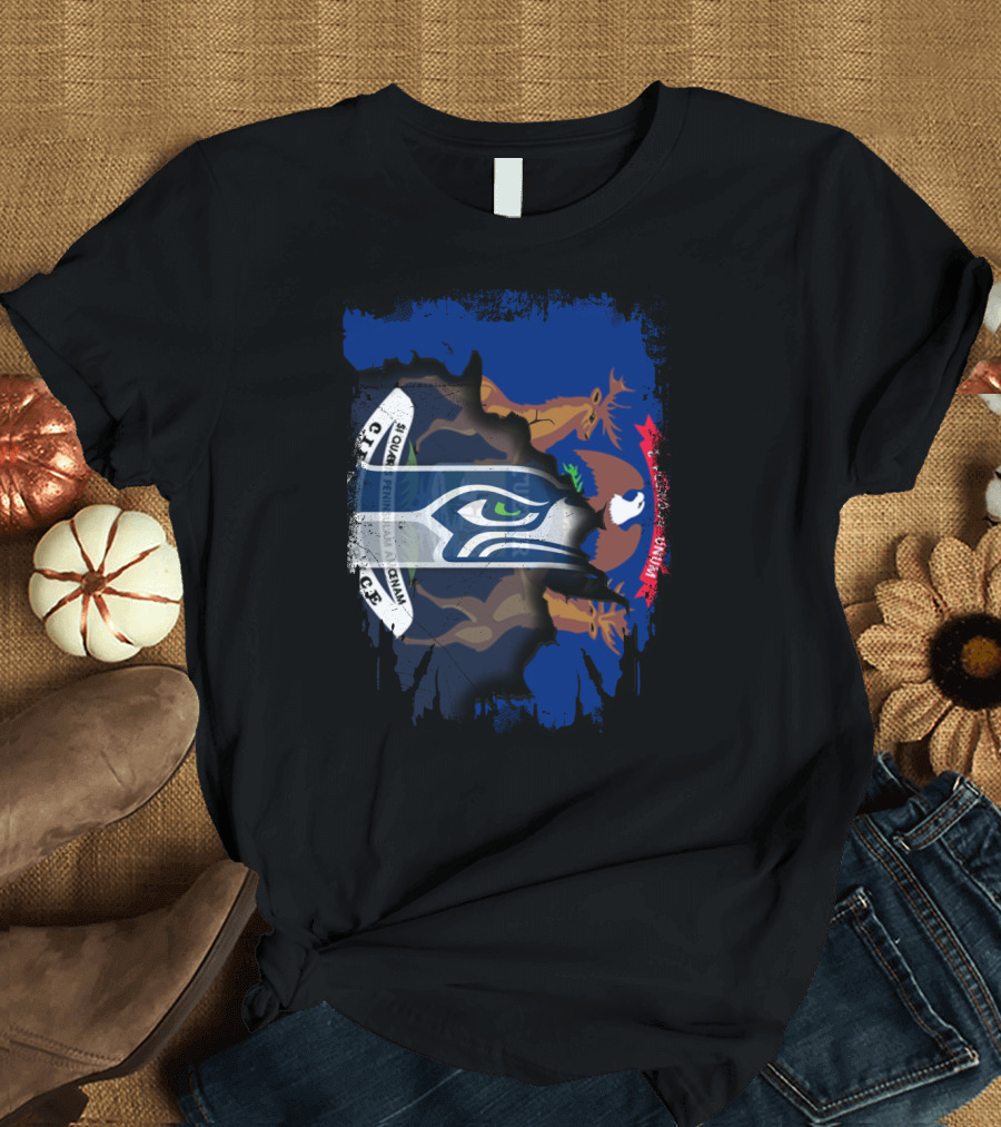 Seahawks Logo with Ripped Michigan Flag Background T-Shirt