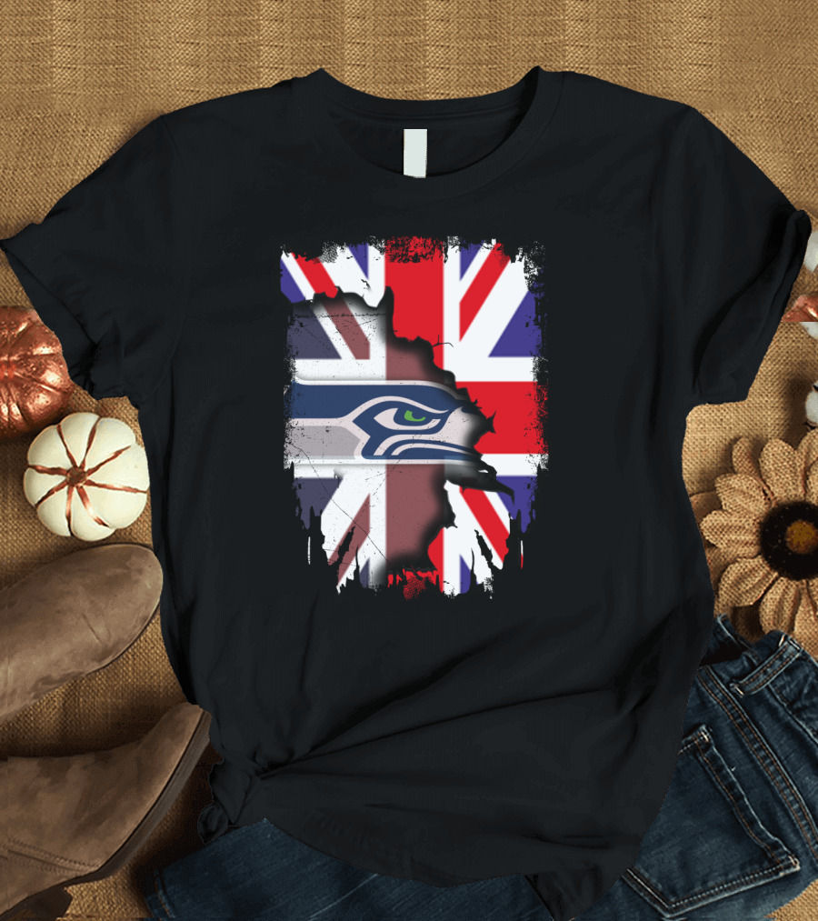 United Kingdom Flag with Seattle Seahawks Logo Integration T-Shirt