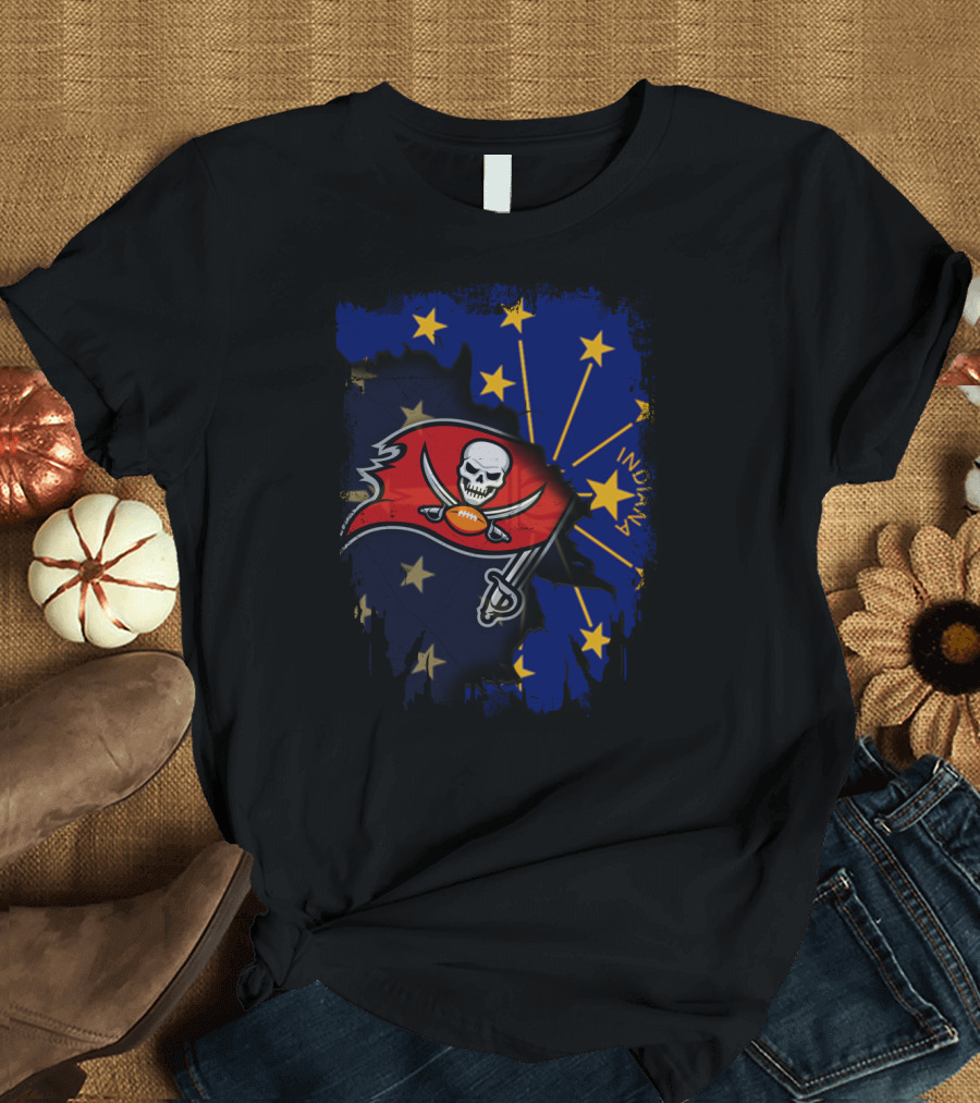 Indiana Pride With Buccaneers Flag On State Star Background T-Shirt