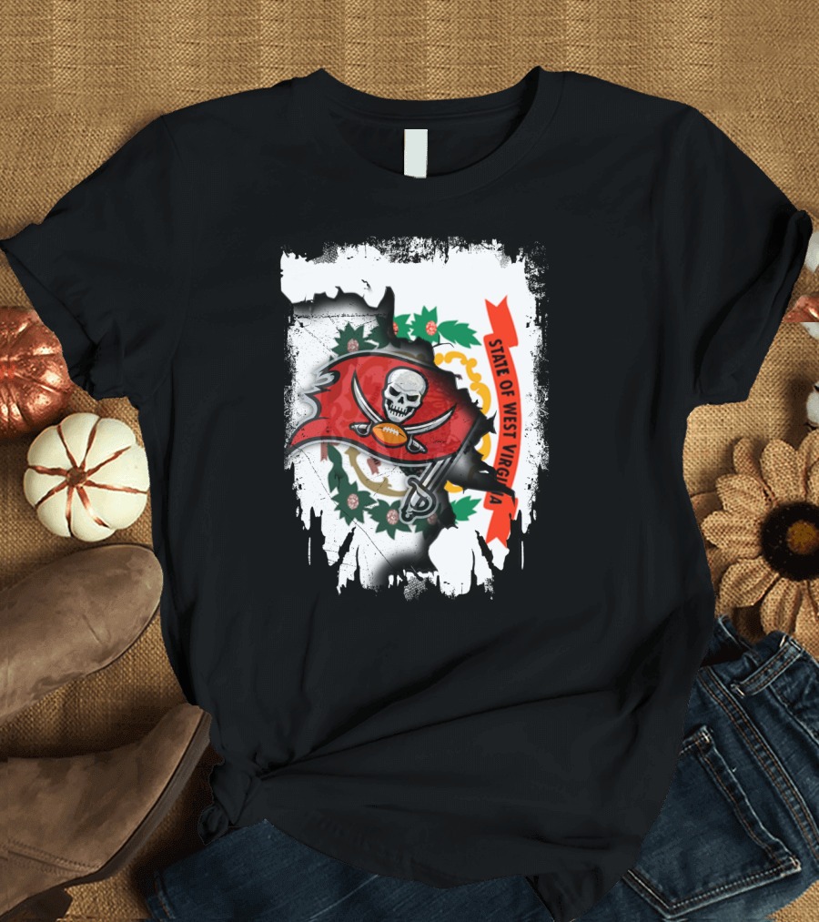 West Virginia State Flag with Tampa Bay Buccaneers Logo Fusion T-Shirt