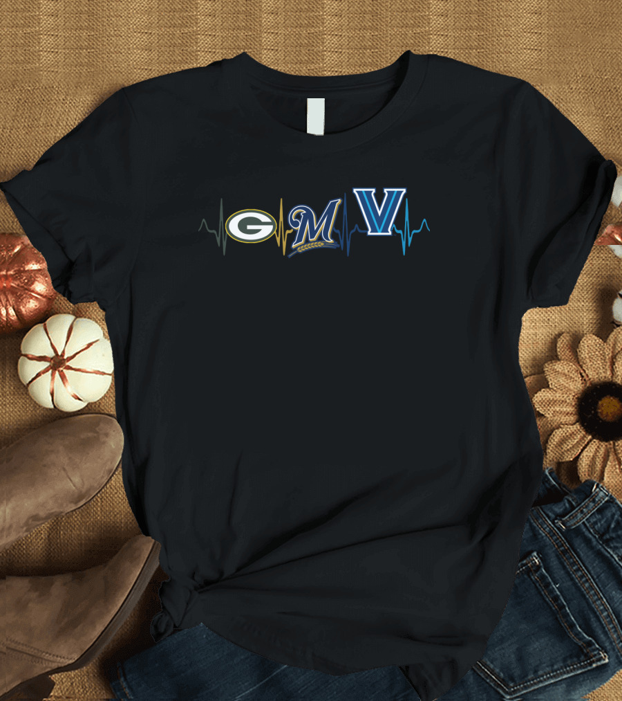 Love Green Bay Packers Milwaukee Brewers Villanova Wildcats Heartbeat T-Shirt