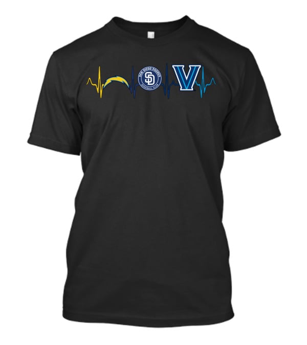 Love Chargers San Diego Padres Villanova Logos Heartbeat T-Shirt