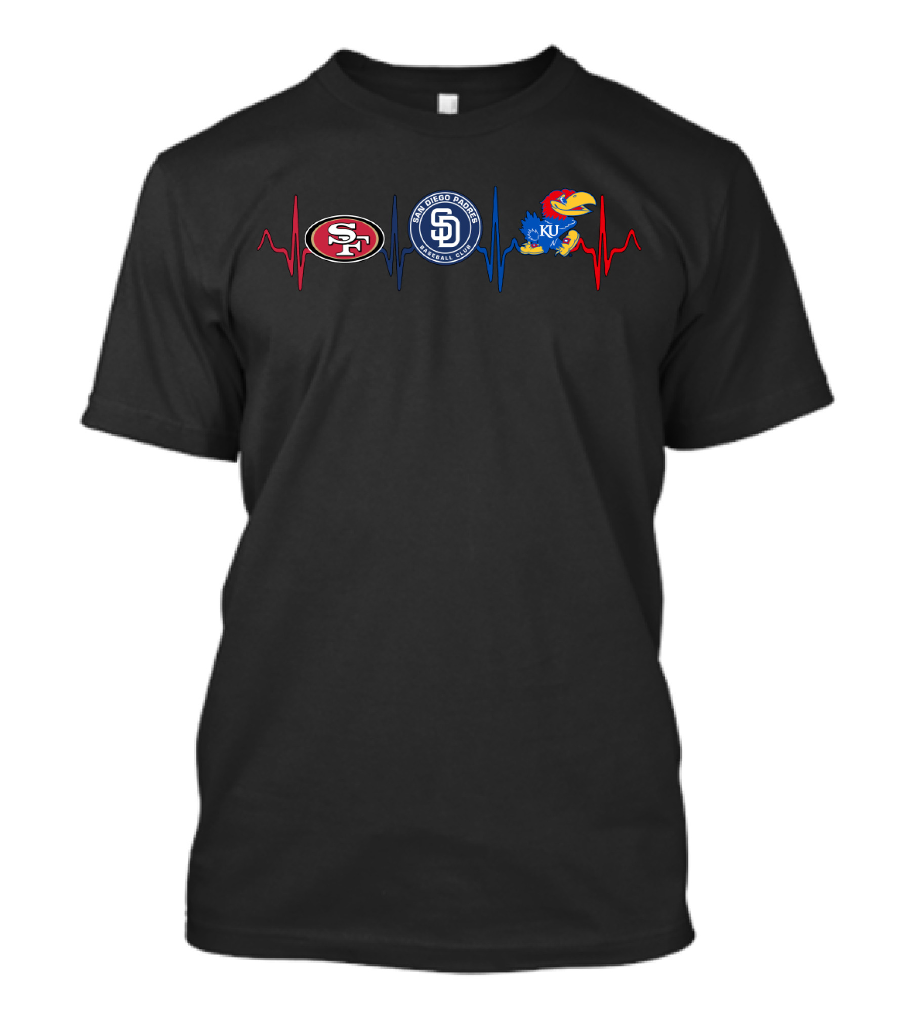 Love 49ers Padres Kansas Jayhawks Heartbeat T-Shirt