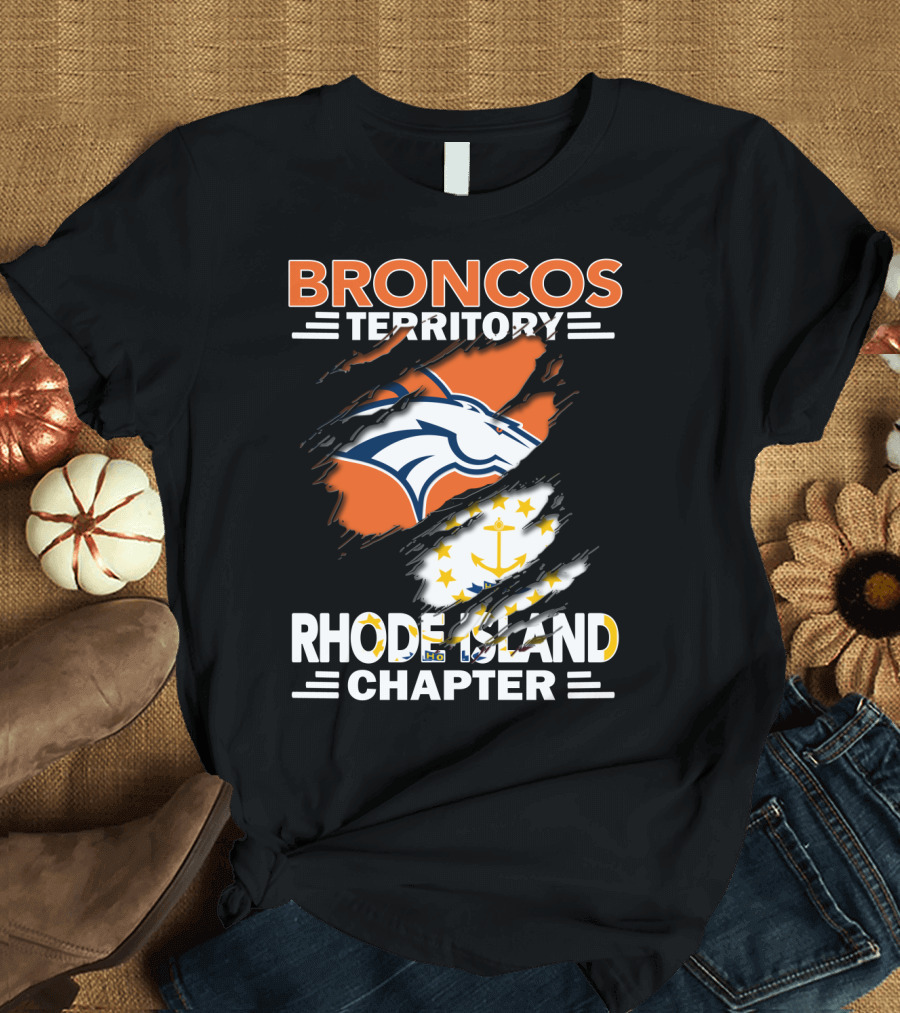Broncos Territory Rhode Island Chapter Logo with Ripped Flag T-Shirt