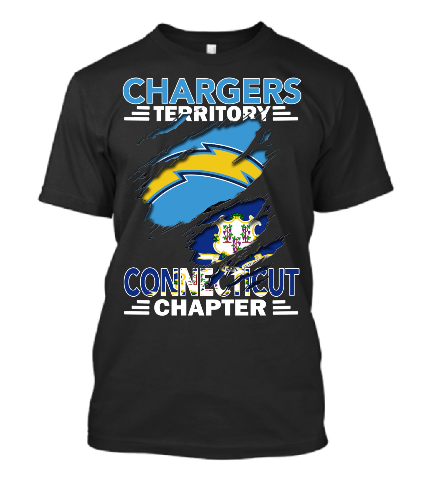 CHARGERS TERRITORY CONNECTICUT CHAPTER Chargers Logo Connecticut State Flag T-Shirt