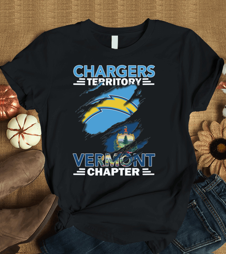 Chargers Territory Vermont Chapter Logo With State Emblem And Lightning Bolt T-Shirt