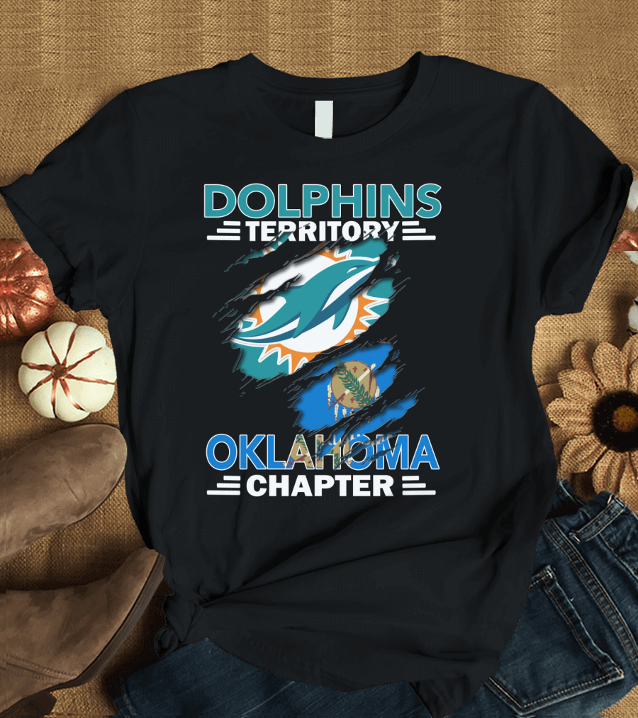 Dolphins Territory Oklahoma Chapter Miami Dolphins Logo and Oklahoma Flag T-Shirt