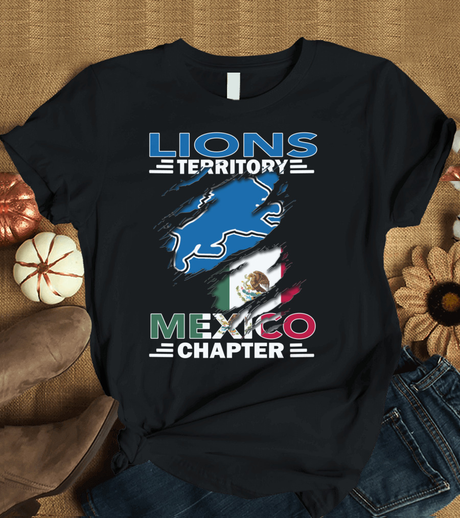 Lions Territory Mexico Chapter Blue Lion Silhouette And Mexican Flag T-Shirt