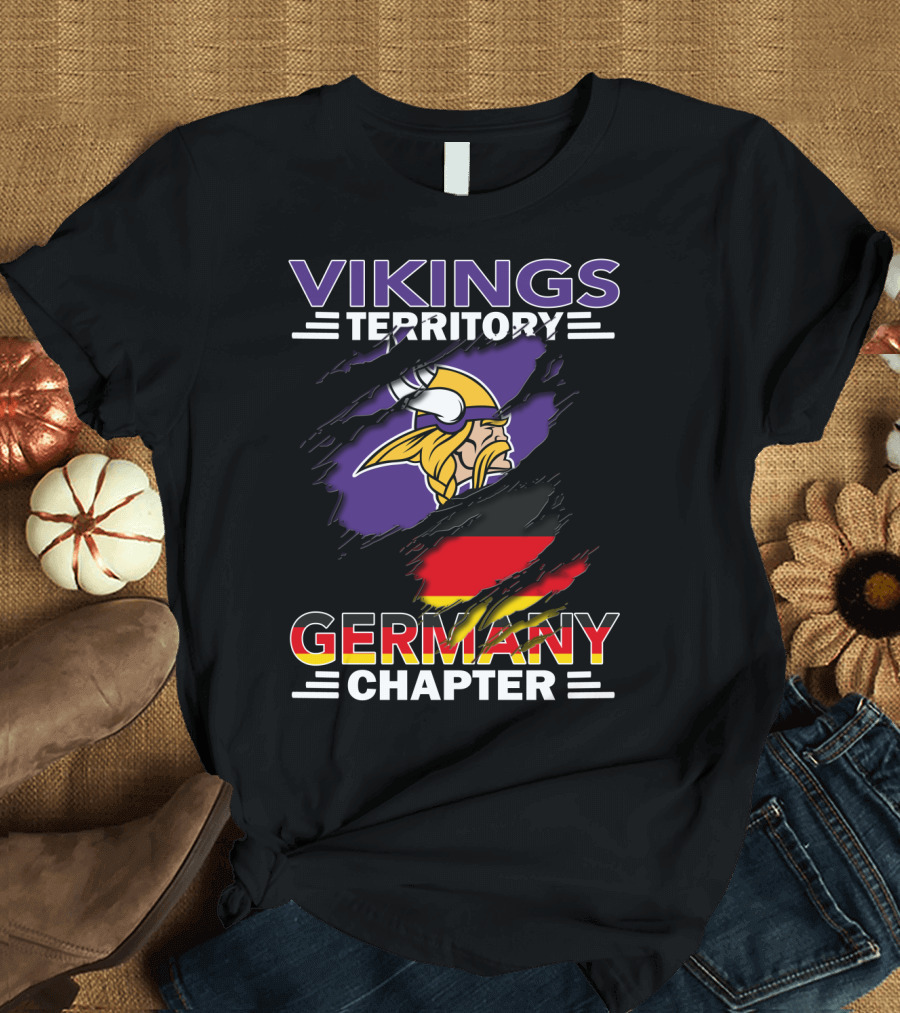 Vikings Territory Germany Chapter Purple and Gold Logo with German Flag Background T-Shirt