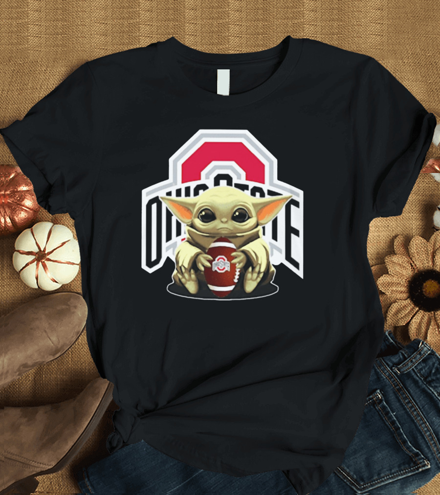 Baby Yoda Holding Ohio State Buckeyes Football T-Shirt