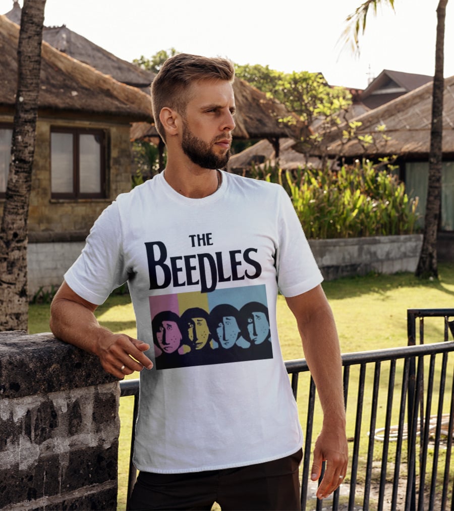 The Beedles Cartoon Pop Art Faces In Pink Yellow Blue T-Shirt