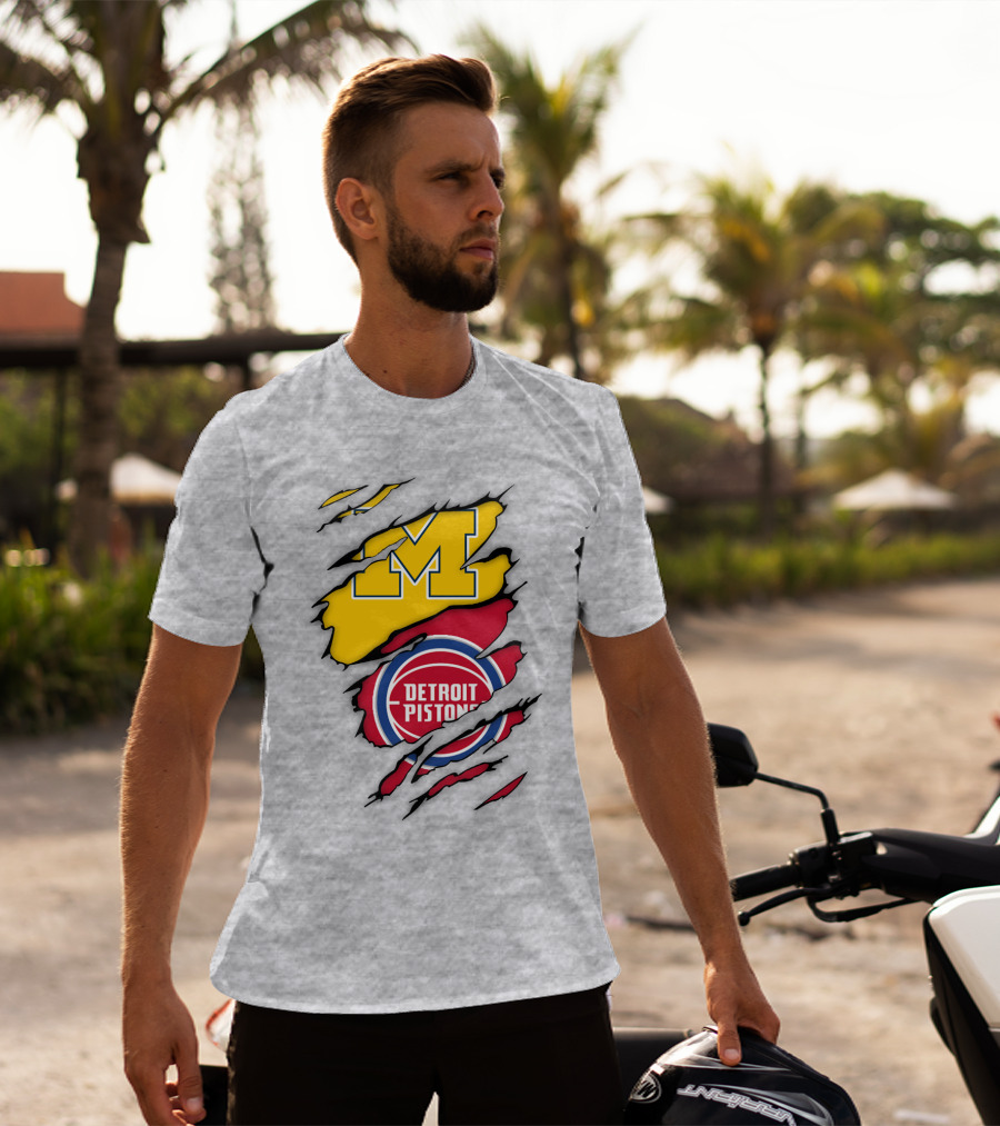 Detroit Pistons Michigan Wolverines Team Logo Mashup T-Shirt
