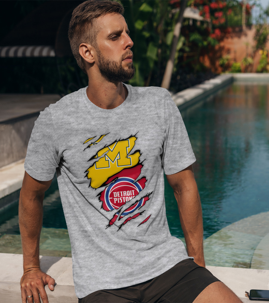 Detroit Pistons Michigan Wolverines Team Logo Mashup T-Shirt