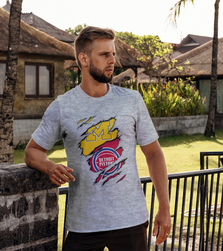 Detroit Pistons Michigan Wolverines Team Logo Mashup T-Shirt