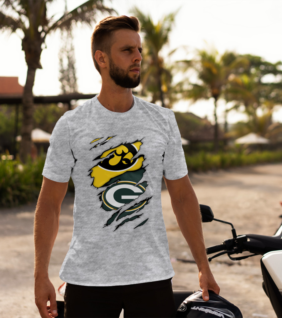 Green Bay Packers Iowa Hawkeyes Team Spirit Logo Fusion T-Shirt